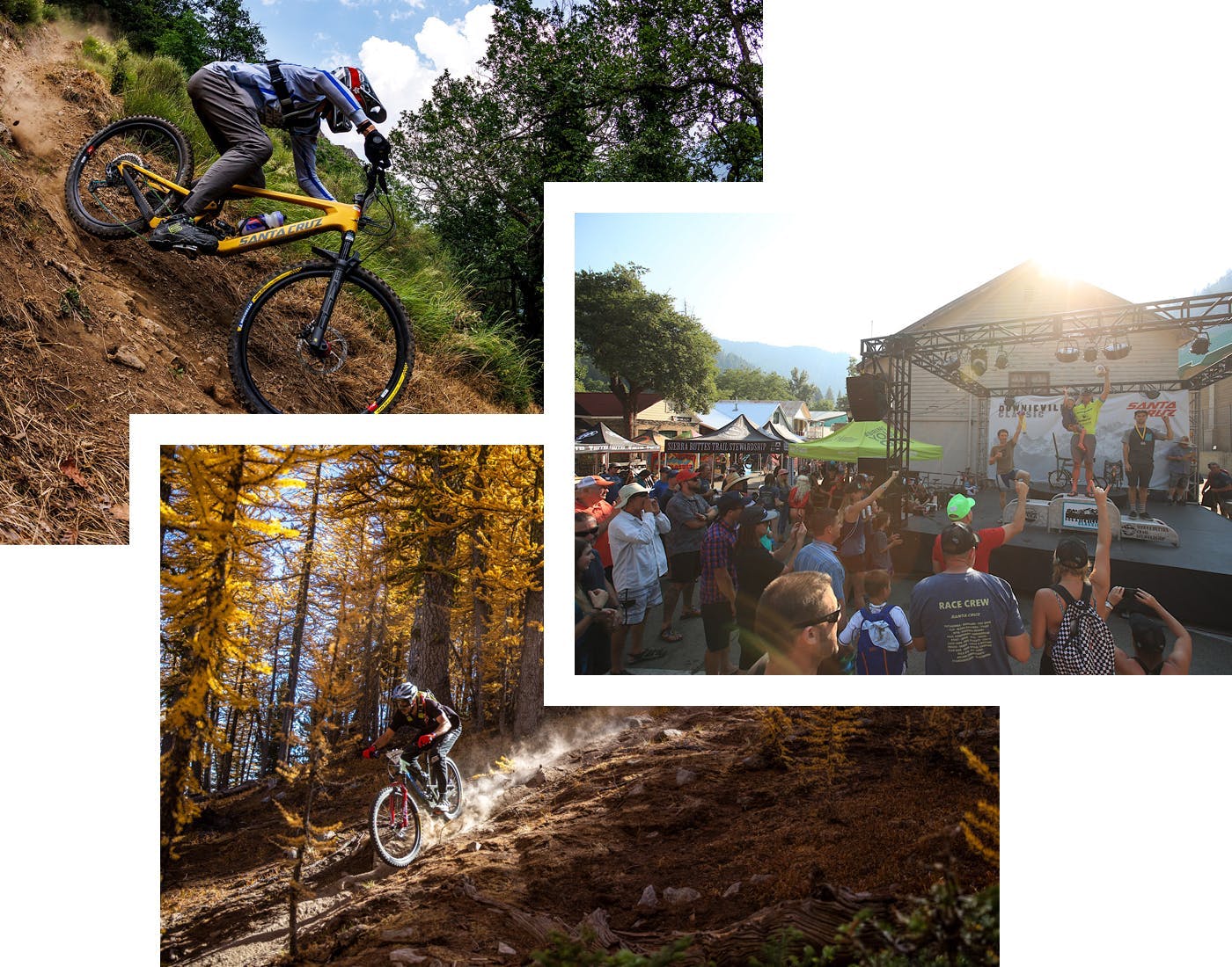 A collage of 3 images focused on Santa Cruz Bicycles racing and events