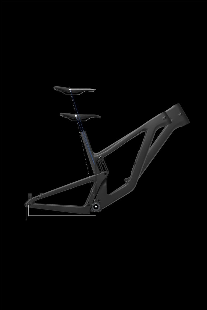 A rendering of two Santa Cruz Bicycles carbon bike frames with diagrams showcasing Proportional Geometry