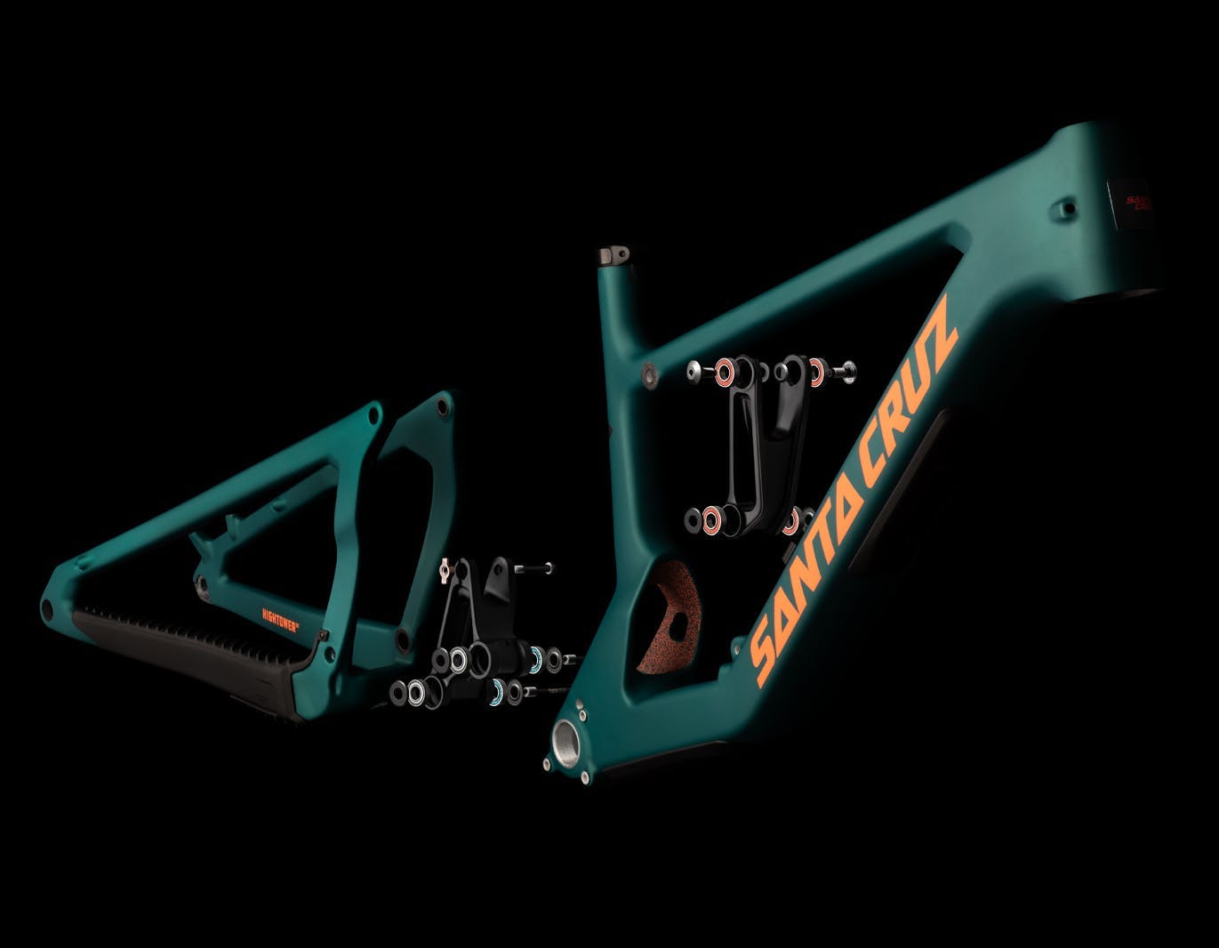 Hightower 3 Matte Evergreen frame exploded view with links and hardware