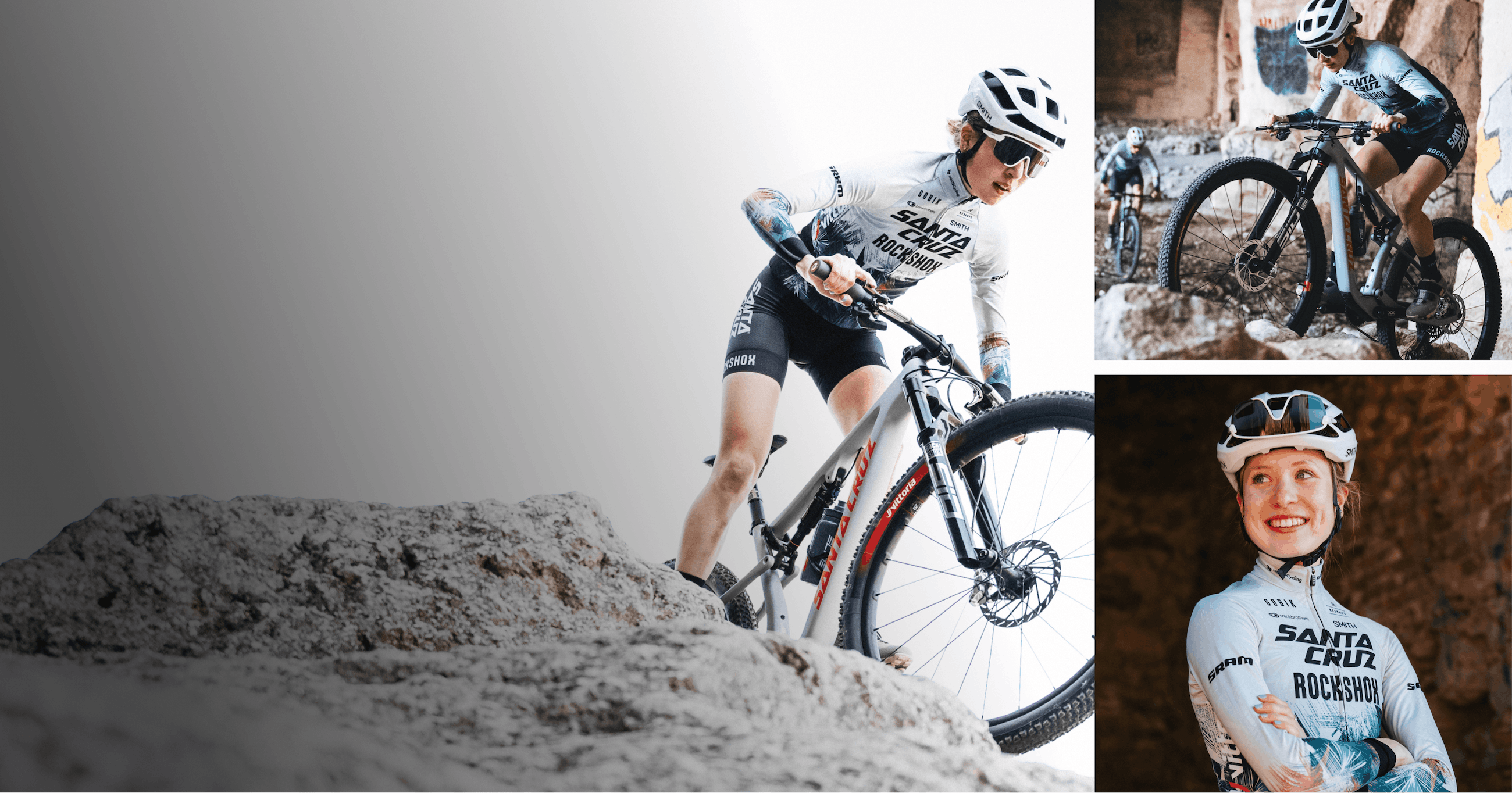 A three photo collage of Santa Cruz Rockshox Rider Sara Cortinovis